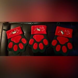 Red and Green Cat Paw Christmas Stockings, set of 3